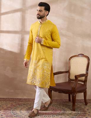 Men yellow silk blend embroidered mandarin collar straight kurta with trouser 3