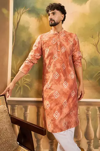 Men orange silk blend batik embroidered straight kurta