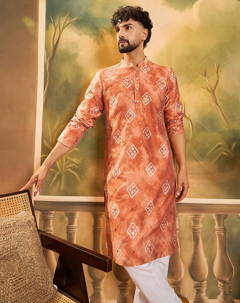 Men orange silk blend batik embroidered straight kurta