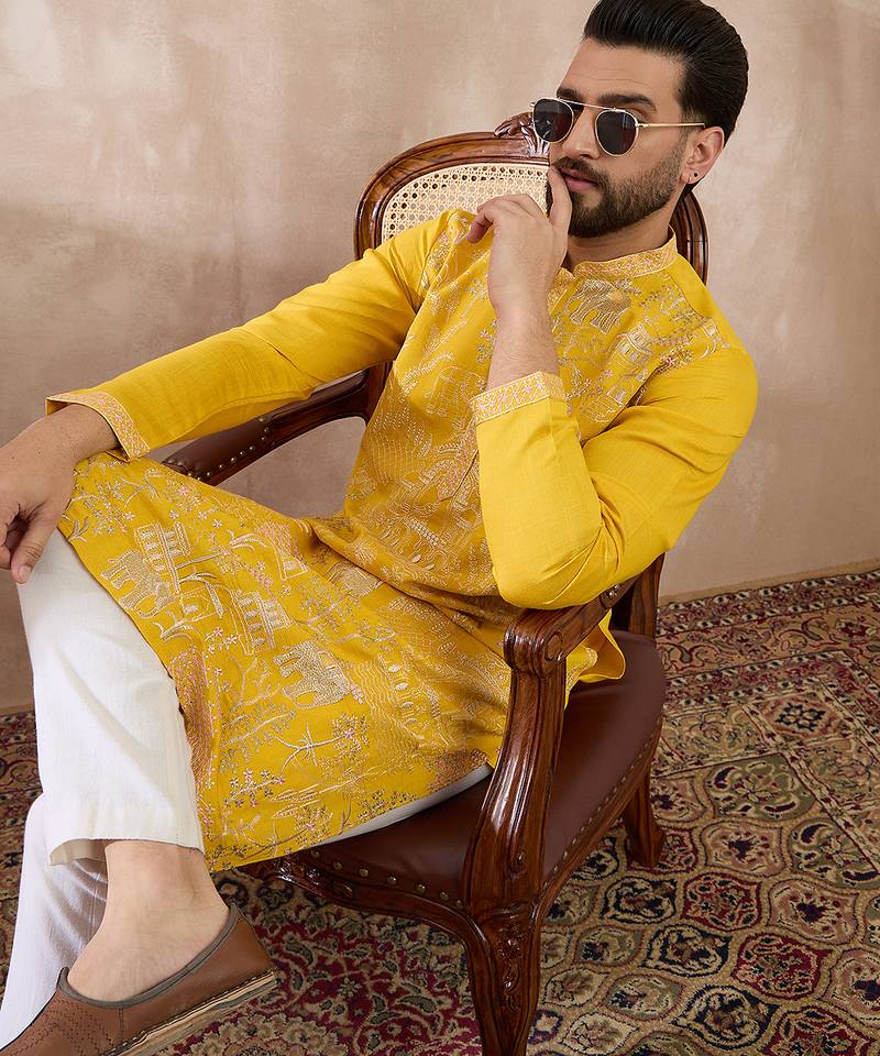 Men yellow silk blend embroidered mandarin collar straight kurta with trouser