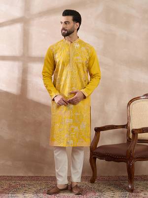 Men yellow silk blend embroidered mandarin collar straight kurta with trouser 3