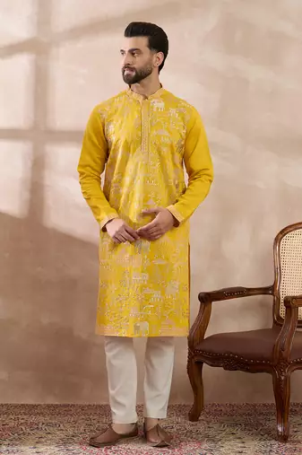 Men yellow silk blend embroidered mandarin collar straight kurta with trouser