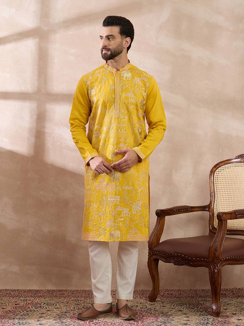 Men yellow silk blend embroidered mandarin collar straight kurta with trouser