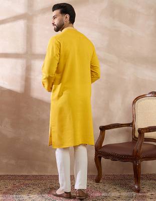 Men yellow silk blend embroidered mandarin collar straight kurta with trouser 4