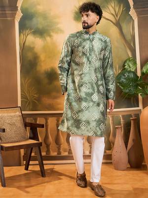 Men green silk blend batik embroidered straight kurta 2