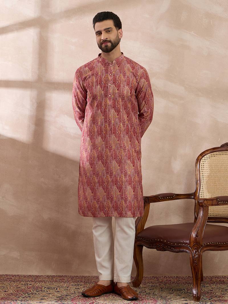 Men pink silk blend printed mandarin collar straight kurta with trouser