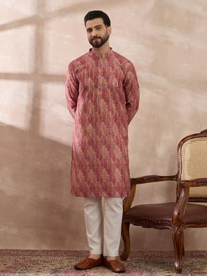 Men pink silk blend printed mandarin collar straight kurta with trouser 1
