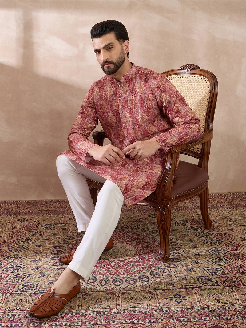 Men pink silk blend printed mandarin collar straight kurta with trouser