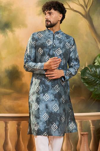 Men blue silk blend batik embroidered straight kurta