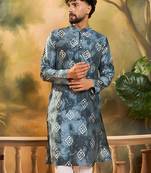 Men blue silk blend batik embroidered straight kurta