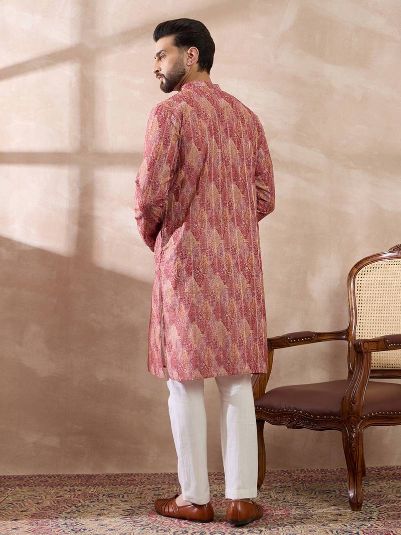 Men pink silk blend printed mandarin collar straight kurta with trouser