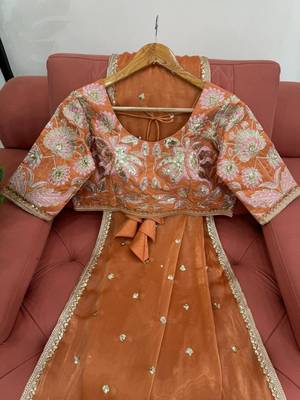 Orange jimmy choo silk with 3mm sequence embroidery work lace border with blouse 2