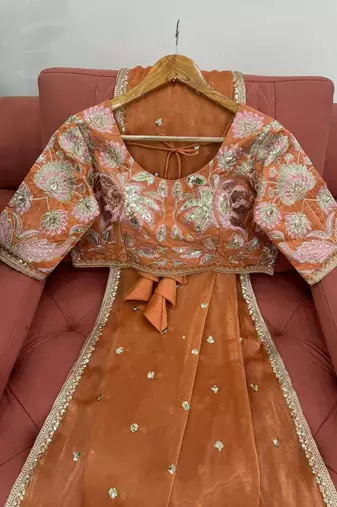 Orange jimmy choo silk with 3mm sequence embroidery work lace border with blouse