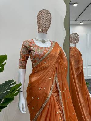 Orange jimmy choo silk with 3mm sequence embroidery work lace border with blouse 1