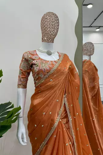 Orange jimmy choo silk with 3mm sequence embroidery work lace border with blouse