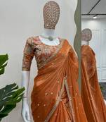 Orange jimmy choo silk with 3mm sequence embroidery work lace border with blouse