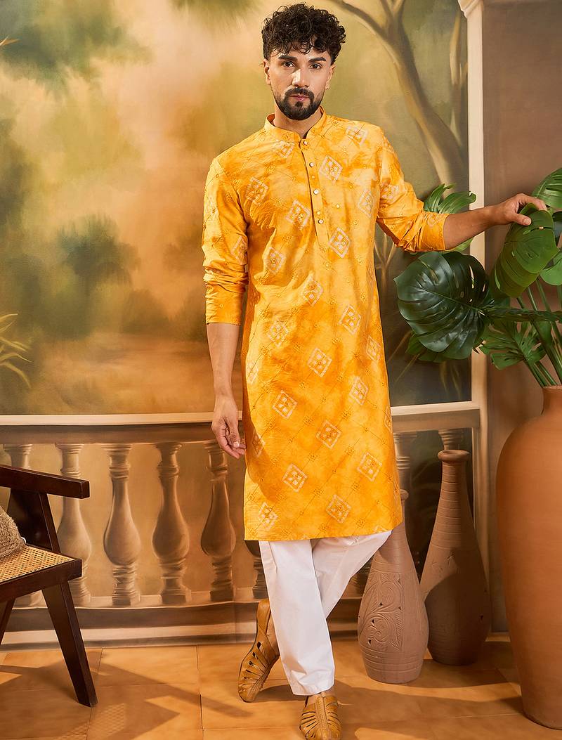 Men yellow silk blend batik embroidered straight kurta