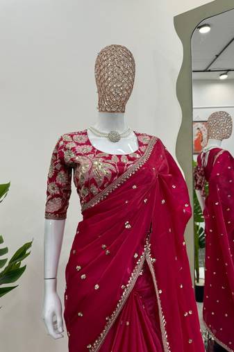 Pink jimmy choo silk with 3mm sequence embroidery work lace border with blouse