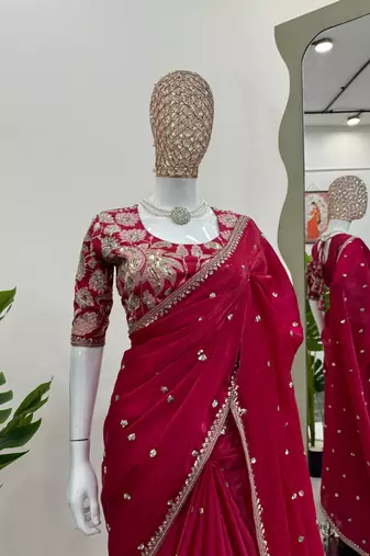 Pink jimmy choo silk with 3mm sequence embroidery work lace border with blouse