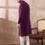 Men purple silk blend embroidered mandarin collar straight kurta with trouser