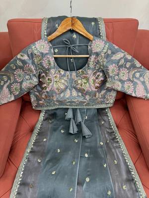 Grey jimmy choo silk with 3mm sequence embroidery work lace border with blouse 2