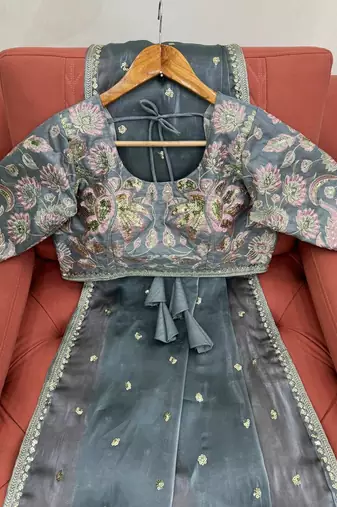 Grey jimmy choo silk with 3mm sequence embroidery work lace border with blouse
