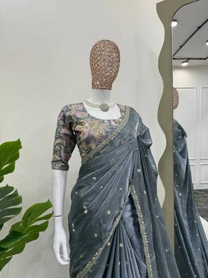 Grey jimmy choo silk with 3mm sequence embroidery work lace border with blouse 1
