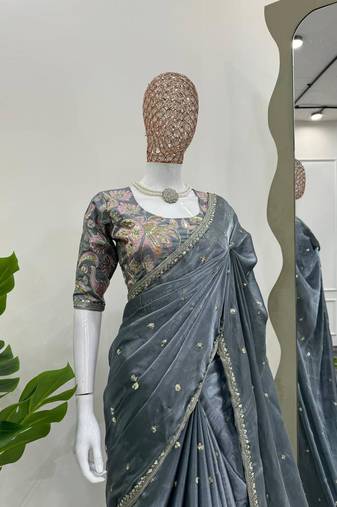 Grey jimmy choo silk with 3mm sequence embroidery work lace border with blouse