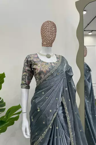 Grey jimmy choo silk with 3mm sequence embroidery work lace border with blouse