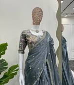 Grey jimmy choo silk with 3mm sequence embroidery work lace border with blouse