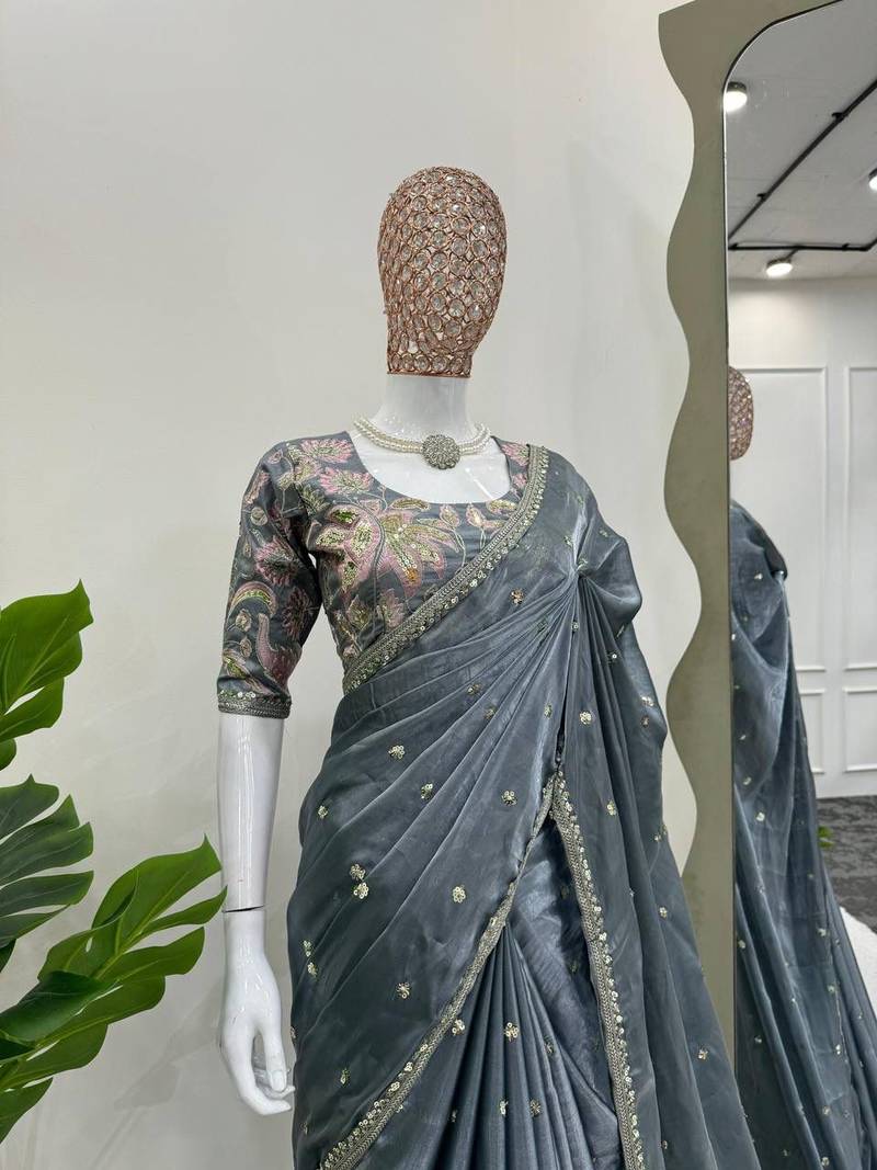 Grey jimmy choo silk with 3mm sequence embroidery work lace border with blouse