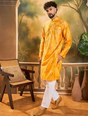 Men yellow silk blend batik embroidered straight kurta 3