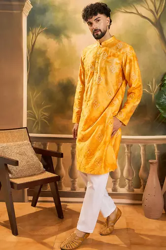 Men yellow silk blend batik embroidered straight kurta