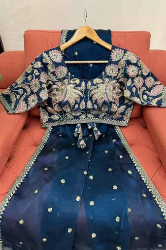 Blue jimmy choo silk with 3mm sequence embroidery work lace border with blouse