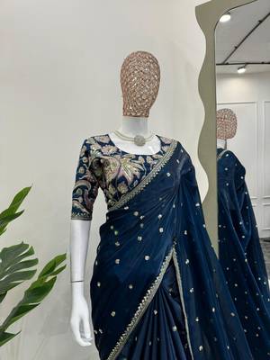 Blue jimmy choo silk with 3mm sequence embroidery work lace border with blouse 1