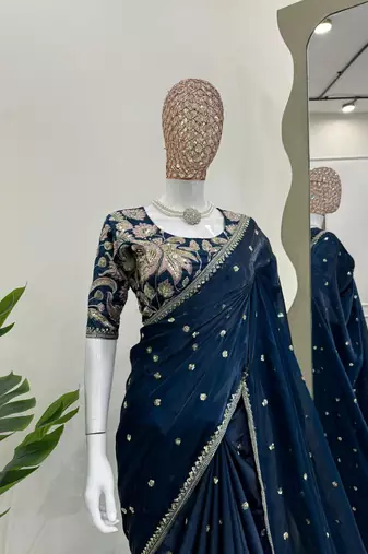 Blue jimmy choo silk with 3mm sequence embroidery work lace border with blouse