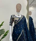 Blue jimmy choo silk with 3mm sequence embroidery work lace border with blouse