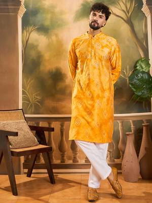 Men yellow silk blend batik embroidered straight kurta 5