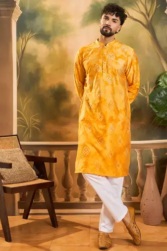Men yellow silk blend batik embroidered straight kurta