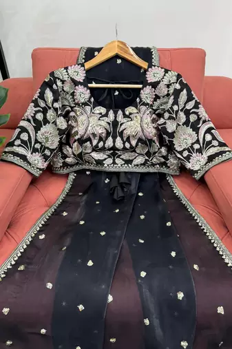Black jimmy choo silk with 3mm sequence embroidery work lace border with blouse