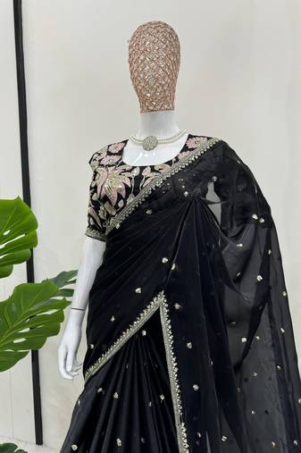 Black jimmy choo silk with 3mm sequence embroidery work lace border with blouse