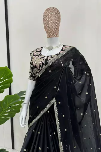 Black jimmy choo silk with 3mm sequence embroidery work lace border with blouse