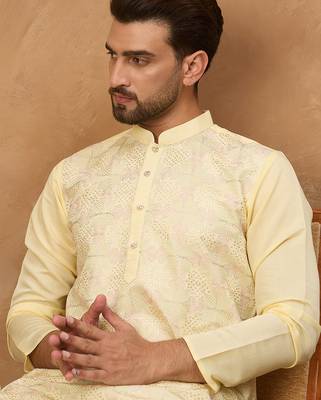 Men yellow silk blend solid embroidered straight kurta 1