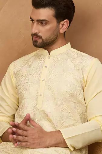 Men yellow silk blend solid embroidered straight kurta