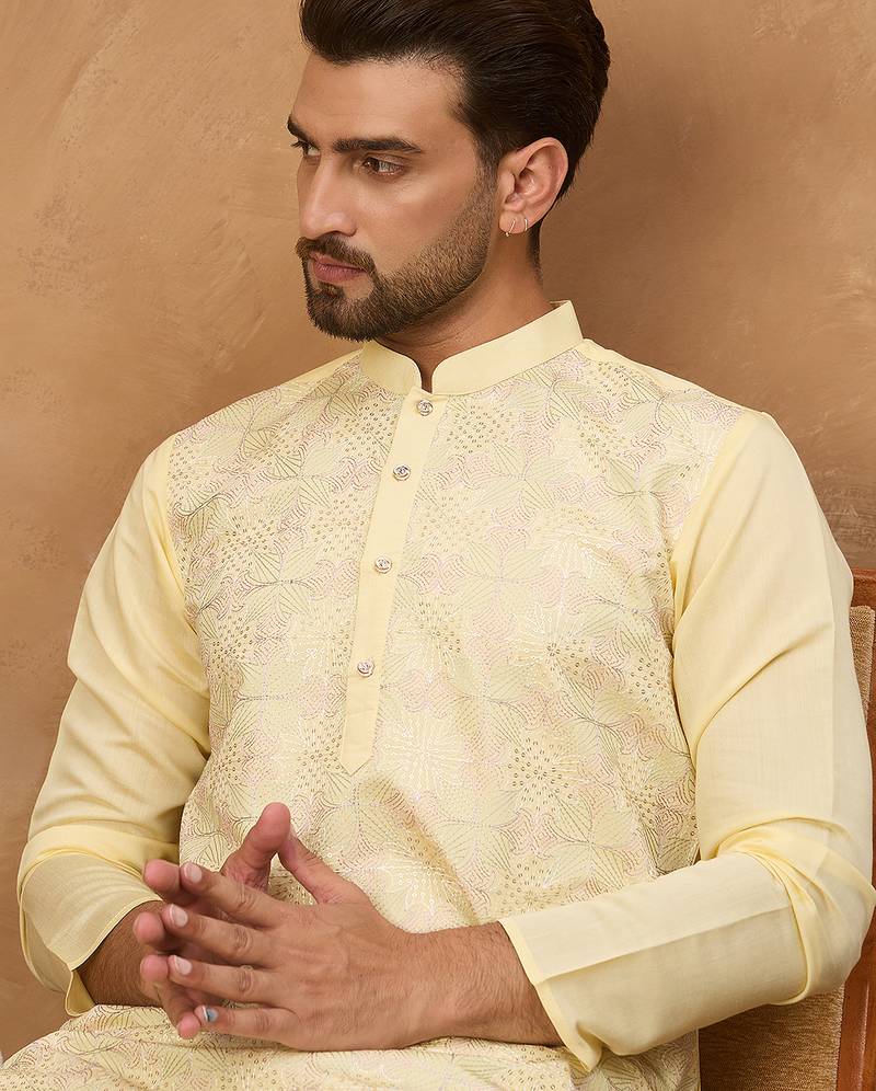 Men yellow silk blend solid embroidered straight kurta