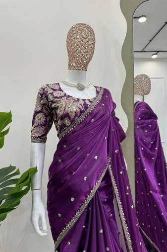 Wine jimmy choo silk with 3mm sequence embroidery work lace border with blouse