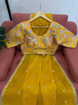 Yellow jimmy choo silk with 3mm sequence embroidery work lace border with blouse 2