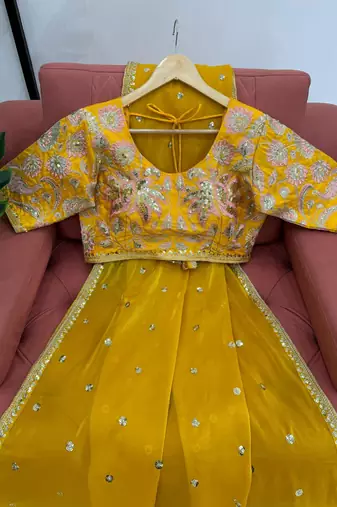 Yellow jimmy choo silk with 3mm sequence embroidery work lace border with blouse