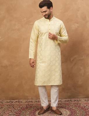 Men yellow silk blend solid embroidered straight kurta 2