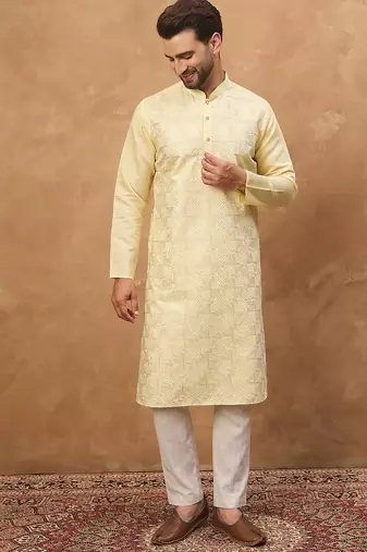 Men yellow silk blend solid embroidered straight kurta